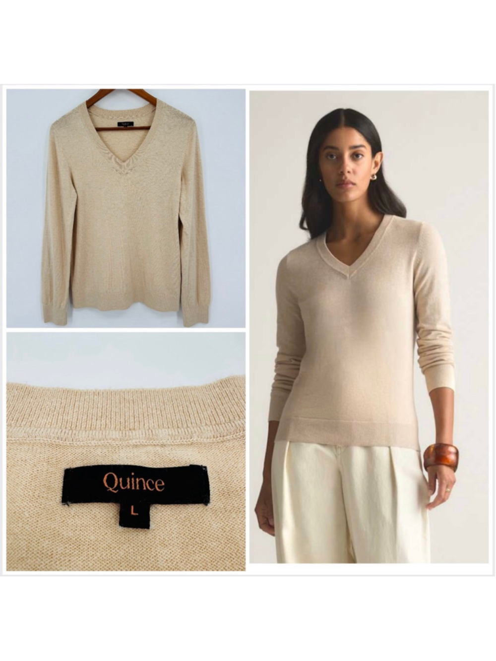 Quince Lightweight Cotton Cashmere V-Neck Sweater L Heather Oatmeal